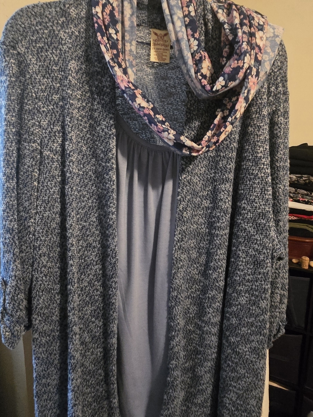 Faded Glory Blue Knit Open Cardigan with Floral Scarf